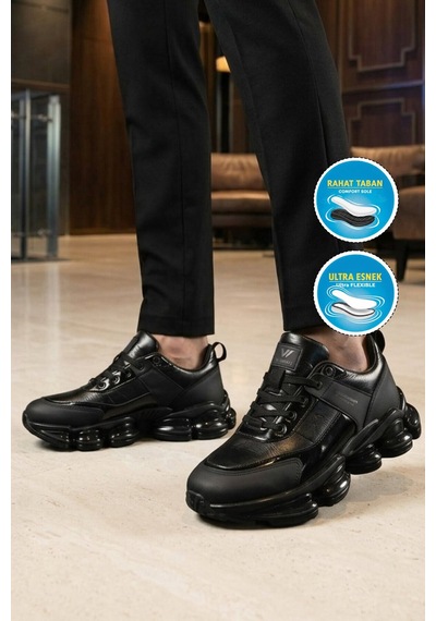 Walkway Siyah Bağcıklı Kalın Rahat Tabanlı Erkek Casual Yürüyüş Ayakkabı Sneaker Zenith Siyah-siyah