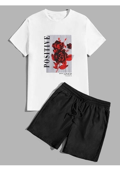 Positive Rose T-shirt Şort - Beyaz Siyah Alt Üst Takım Şort Tişört Kombin Baskılı Bisiklet Yaka Beyaz Siyah Positive Rose T-shirt Şort - Beyaz Siyah Alt Üst Takım Şort Tişört Kombin Baskılı Bisiklet Yaka Beyaz Siyah