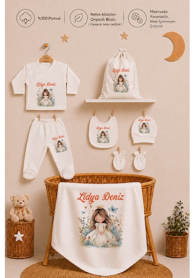Pia Baby Kız Bebek Hastane Çıkışı Hediye Seti 8 Parça Zıbın Set %100 Pamuk Battaniye Yastık Ve Kese 1078zybk3x Krem