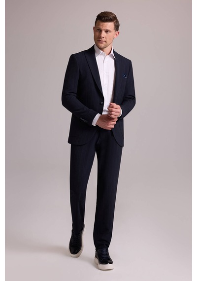 Erkek Lacivert Slim Fit Çizgili Tek Düğmeli Jogger Pantolonlu Tak