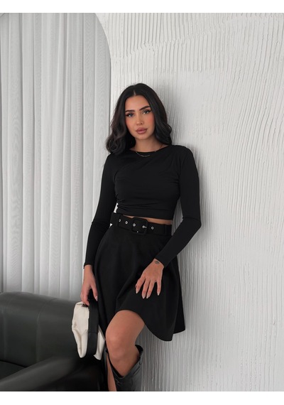 Ozy Fashion Kadın Siyah Renk Midi Boy Kemerli Süet Kloş Etek Siyah