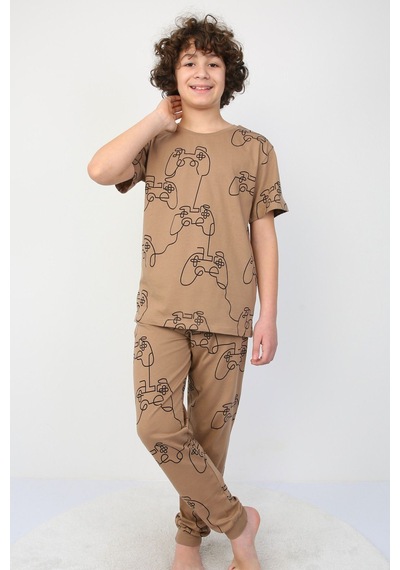 Zuzunga Kısakollu Play Console Desenli Erkek Çocuk Pijama Takımı Alt-üst Kahverengi