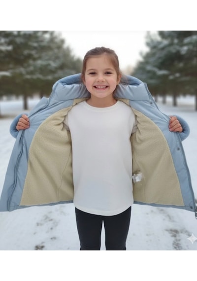 Boutiguestyles Kız Çocuk Şişme Mont Kürklü Gri Sedefli Işıltılı Çıkarılabilir Kapüşonlu Fermuarlı Gri mavi
