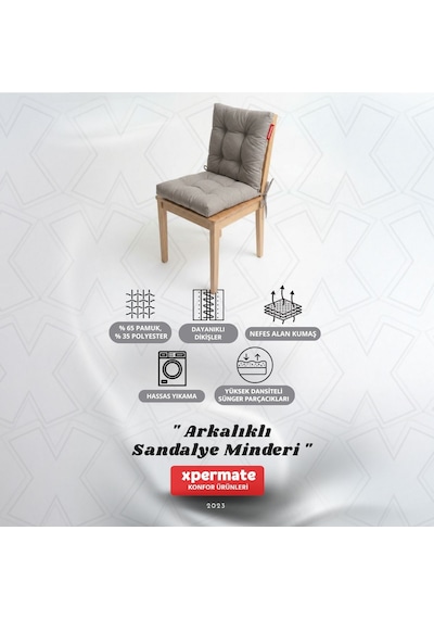 Pofuduk Arkalıklı Sandalye Minderi Bağcıklı Yıkanabilir Dekoratif Minder Gri