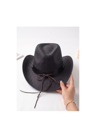 Giyu Shop Unisex Toka Detaylı Hasır Kovboy Şapkası Fötr Şapka Siyah