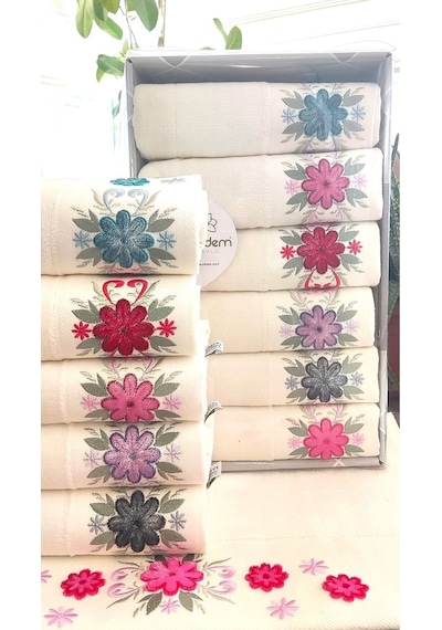 6.lı Set Annem 50x90 Cm. Özel Tafting Nakışlı Kadife Doku Çeyizlik Lüks Havlu Seti Beyaz Renkli