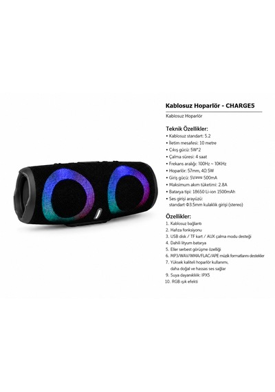 Charge5 Taşınabilir Bluetooth Hoparlör Rgb Işıklı Aux/tf Kart Destekli Güçlü Ve Net Ses Performansı