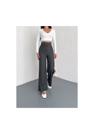 Gugus Kadın Cepsiz Dokuma Kumaş Pantolon Beli Cırtlı Bol Paça Wide Leg Model Füme