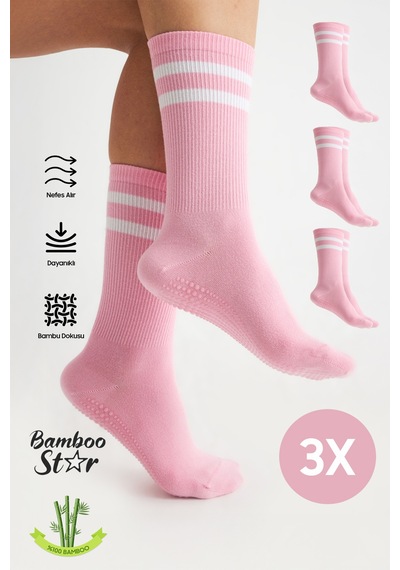 Bamboo Star Bambu Kadın Pembe Kaydırmaz Taban Silikon Baskı Yoga Fitness Pilates Bale Dans Tenis Çorabı 3'lü