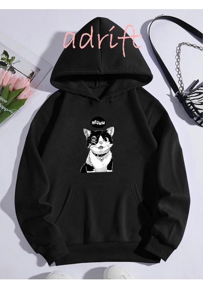 Unisex Oversize Kapüşonlu Kanguru Cepli Cat Meow Baskılı Siyah Siyah