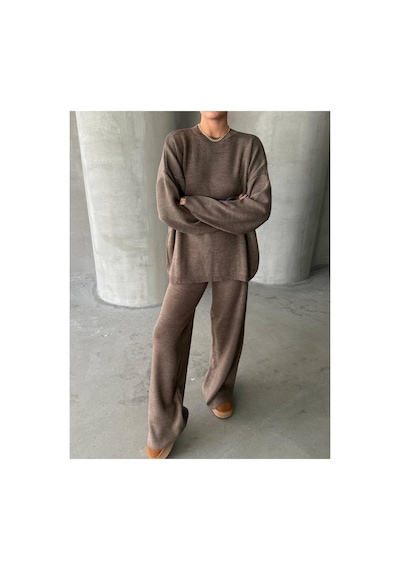 De Pose Oversize Kesim Sade Kadın Triko Takım Bej