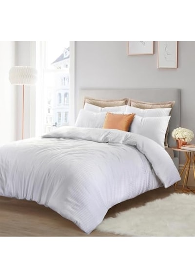 Çift Kişilik Çizgili Saten Nevresim Takımı%100 Pamuk 200x220 - Yumuşak Dokulu Lüks Nevresim Takımı Beyaz Diğer