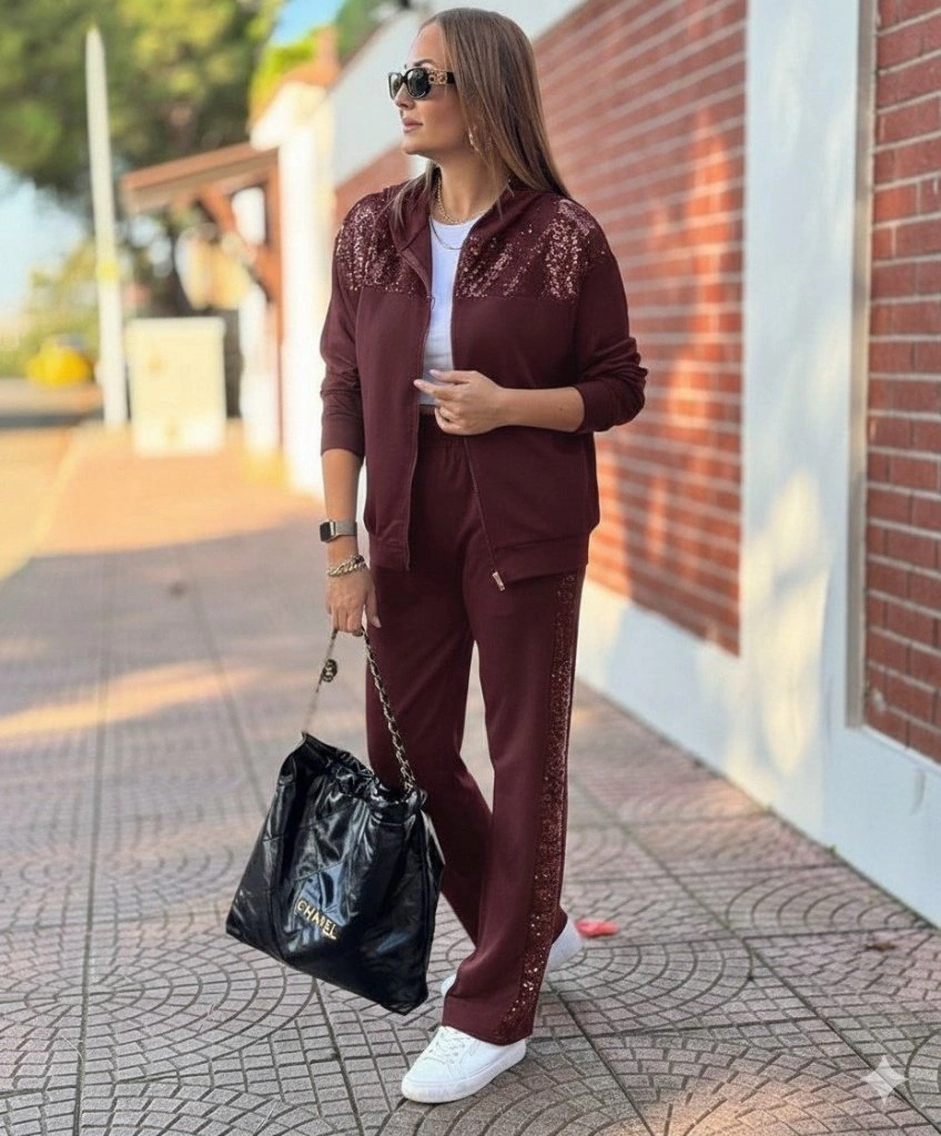 Tua Moda Kadın Uzun Kollu Önden Fermuarlı Pul Payetli Alt Üst Viskon Iki Iplik Takım Bordo
