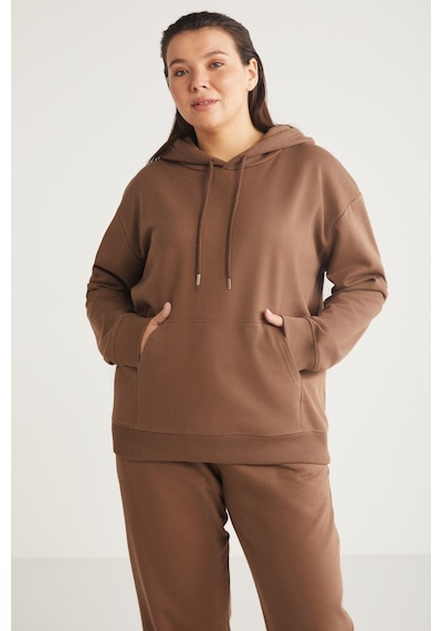 ETHIQUET TEREZABB Kadın Içi Polarlı Yumuşacık Comfort Fit Kapüşonlu Kanguru Cep Kahverengi Büyük Beden Sweatshirt