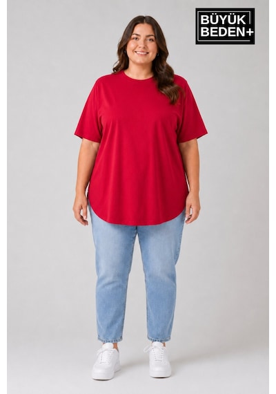 Superlife Süperlife Büyük Beden Kadın Bisiklet Yaka Basic Oval Etek Detalylı 3xl-6xl Uzun Tunik Spr26btsk502 Kırmızı