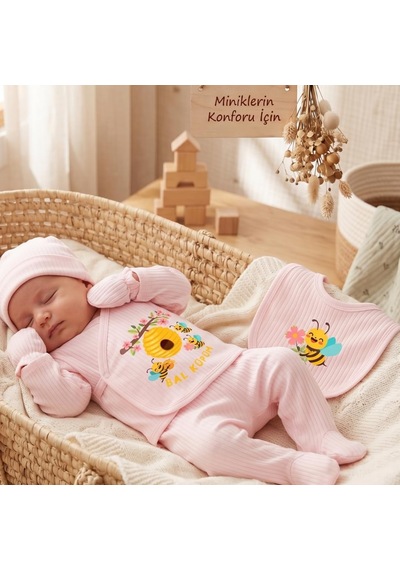Lexroo %100 Pamuk Yenidoğan Bebek Hastane Çıkış Seti Bal Küpüm Baskılı Pembe 5 'li Bebek Takımı