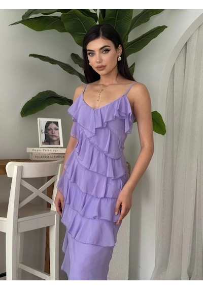 Defymoda Ples Yırtmaç Detaylı Elbise Lila