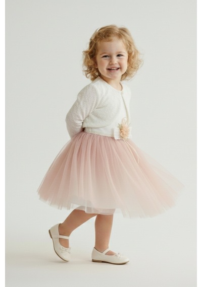 Mnk Baby & Kids Triko Bolerolu Bel Çiçekli Kız Bebek Elbise M00773 Koyu Pembe