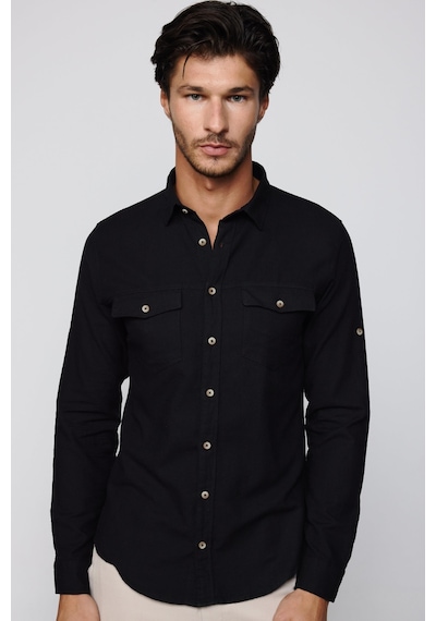 Tudors Slim Fit Uzun Kol Çift Cep Pamuk Keten Spor Yaka Siyah Erkek Gömlek-28838-siyah Siyah