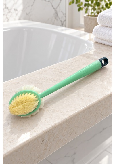 Çift Taraflı Duş Kesesi Ve Vücut Fırçası Uzun Saplı Banyo Fırçası, Peeling Etkili Masaj Kesesi Yeşil Saplı - 930425918
