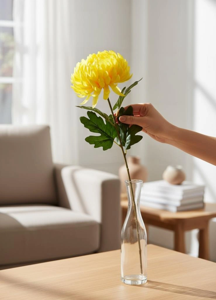 Yapay Çiçek Krizantem Sarı Açık 90cm Tek Dal Kumaş Çiçek Uzun Dal Sarı