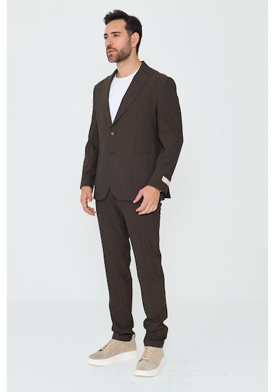 Kahverengi Çizgili 6 Drop Erkek Slim Fit Takım Elbise Kahve