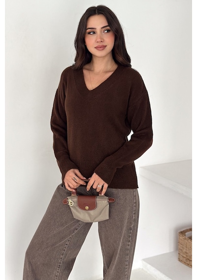 Noa & Noa Kadın V Yaka Triko Kazak Cozy Neutral kahverengi