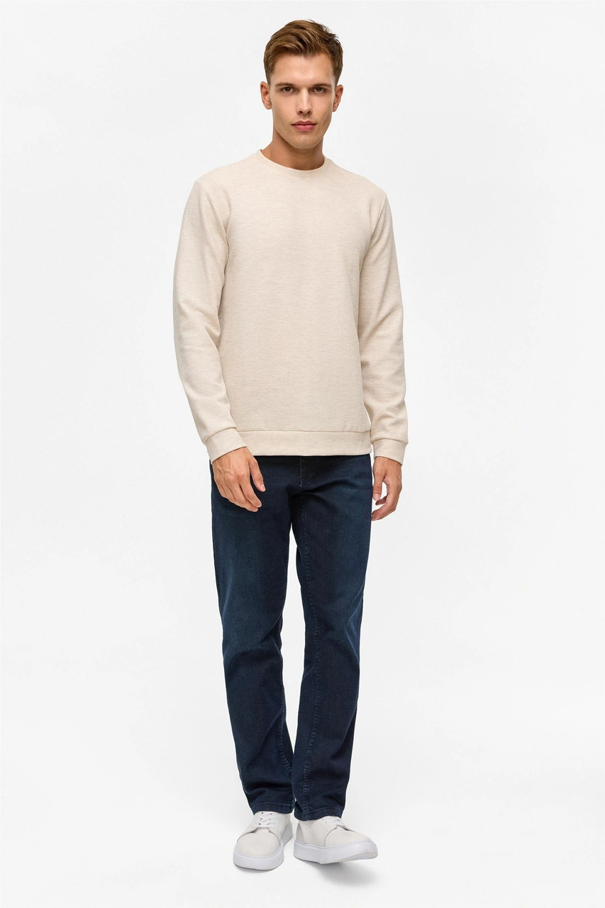 Süvari Bej Regular Düz Bisiklet Yaka Sweatshirt-38782 Bej