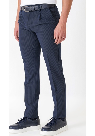 Comfort Fit Rahat Kalıp Pileli Esnek Pamuklu Çizgili Lacivert Jogger Pantolon P 1218