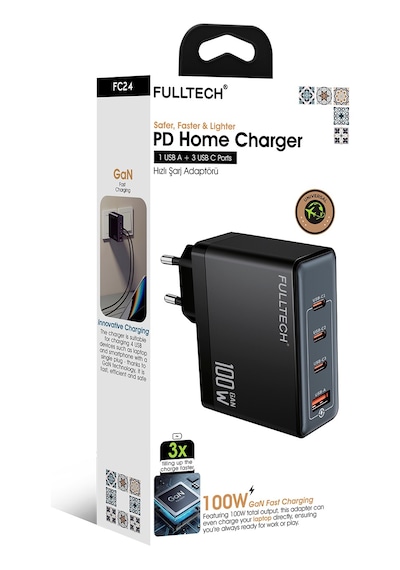 Fc24 100w Gan Hızlı Şarj Adaptörü 3x Usb-c + 1x Usb-a Çoklu Port Laptop & Telefon Uyumlu Pd Power Delivery