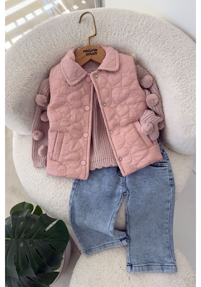 Minigimin Cicileri Kalp Desenli Taş Detaylı Kız Bebek Kapitone Montlu Triko Ve Kot Pantolon 3 Lü Takım - Pudra Minigimin Cicileri Kalp Desenli Taş Detaylı Kız Bebek Kapitone Montlu Triko Ve Kot Pantolon 3 Lü Takım - Pudra