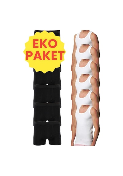 Tezzgelsin Erkek Eko Set 6 Adet Atlet 6 Adet Boxer Beyaz Siyah Beyaz - Siyah