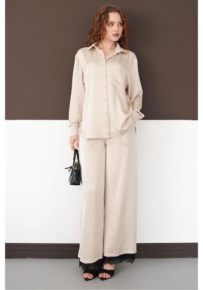 Verymoda Pileli Paça Ucu Dantel Pantolon F2102 Taş