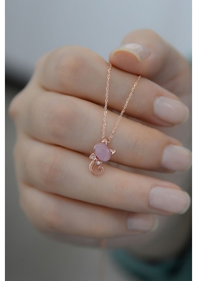 Papatya Silver 925 Ayar Rose Kaplama Ay Taşlı Gümüş Kedi Kolye