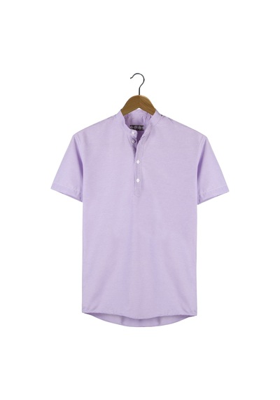 Erkek Mor Hakim Yaka Yarım Patlı Ekoseli Kısa Kollu Slim Fit Gömlek Mor