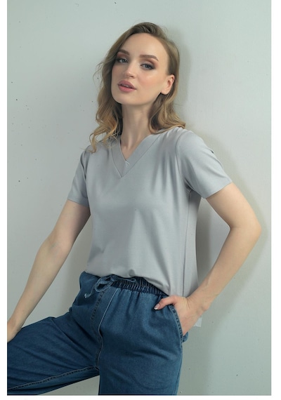 By Saygı Kadın V Yaka Yırtmaçlı Kısa Kol Bluz-40709 Gri By Saygı Kadın V Yaka Yırtmaçlı Kısa Kol Bluz-40709 Gri
