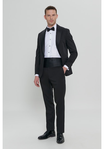 AC&Co / Altınyıldız Classics Slim Fit Dar Kesim Şal Yaka Armürlü Siyah Smokin Takım 001