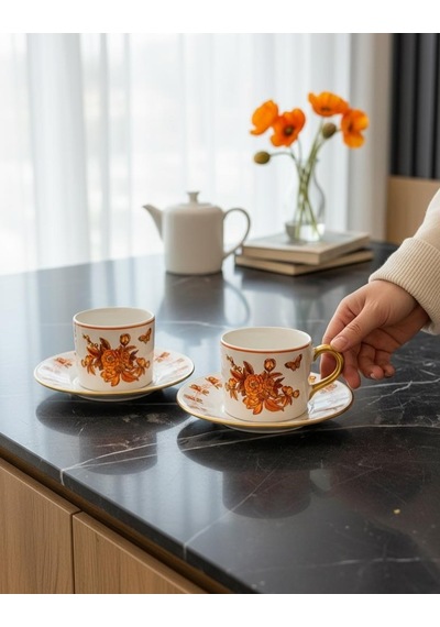 2 Kişilik Double Amber Mustard Bloom Kahve Fincanı-5700 Turuncu
