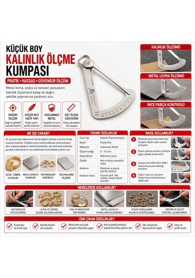 Ölçü Aleti Küçük Boy Kalınlık Ölçme Kumpası Hassas Ölçüm Ekipmanı Metalik