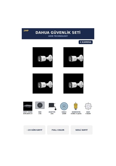 4 Kameralı 2mp Güvenlik Kamera Seti Gece Renkli Full Color Sesli Bullet 1tb 23 Gün Kayıt