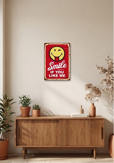 Smile If You Like Me Retro Tablo Emoji Temalı Eğlenceli Dekoratif Duvar Tablosu Ahşap & Metal Baskı