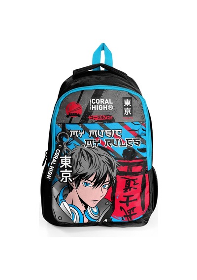 Coral High Kids Siyah Mavi Anime Desenli Üç Bölmeli Okul Sırt Çantası 23666