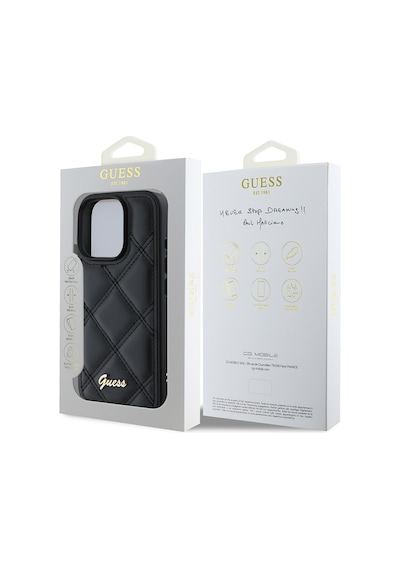 Apple iPhone 16 Pro Max Uyumlu Kılıf Guess  Lisanslı Pu Deri Metal Yazı Logolu Kapitone Kapak Siyah