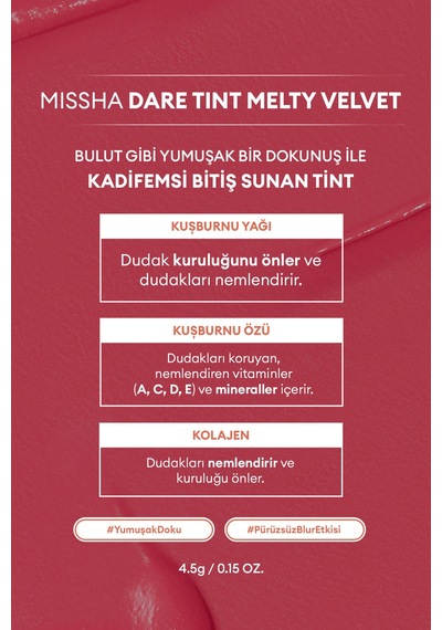 Missha Uzun Süre Kalıcı Bulaşma Yapmayan Kadifemsi Bitiş Sunan Tint Dare Tint Melty Velvet Rosy Lofi 0