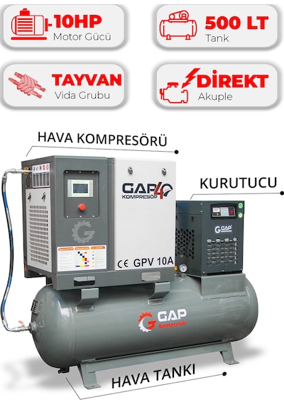 Hava Kompresörü Depo Üstü Vidalı 10hp 500lt Gpv10a