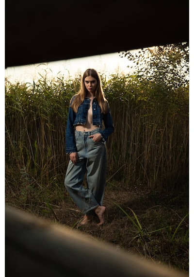 Kadın Püsküllü Crop Jean Ceket mavi