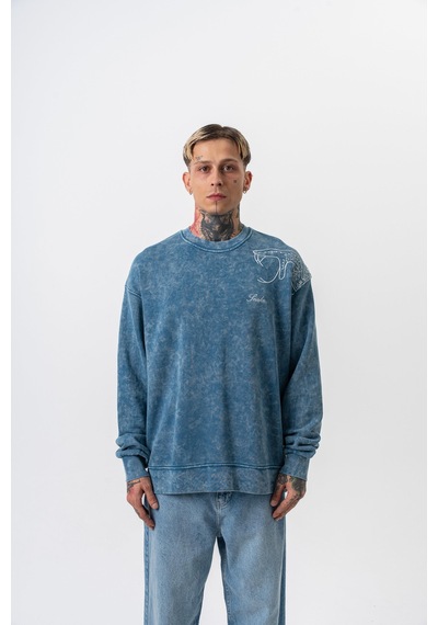 Respire Erkek Snake Nakışlı Yıkamalı Bisiklet Yaka Oversize Sweatshirt Petrol