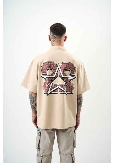 Respire Erkek 22 Baskılı Yarım Fermuarlı Oversize T-shirt Bej