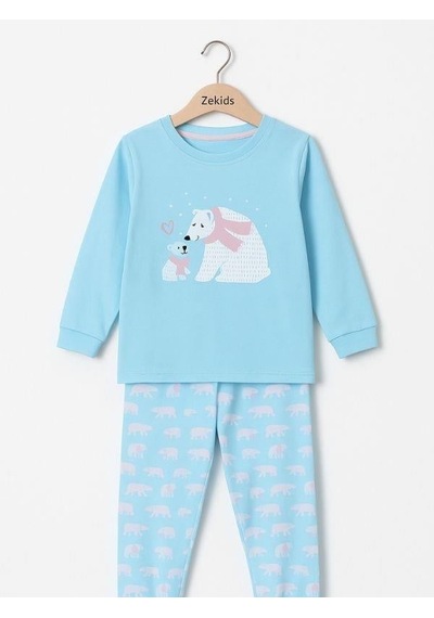 Kız Çocuk Pamuklu Kutup Ayısı Baskılı Pijama Takımı-16020 Turkuaz