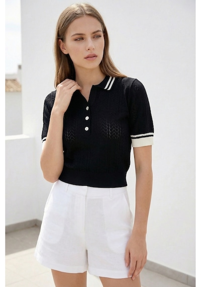 Sayzen Your Shine Polo Yaka Ajur Detaylı Kadın Crop Tişört Sy-sam2604 Siyah